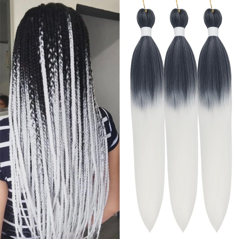 Ombre White Braiding Hair Pre stretched Black to White Prestretched Hypoallergenic Hair for Braiding Knotless Ez Braid Colored Long Synthetic 26 inch 3 Packs